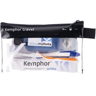 neceser con pasta fluorada ortodoncia + cepillo de dientes + seda dental + enjuague bucal frasco 50 ml - Kemphor
