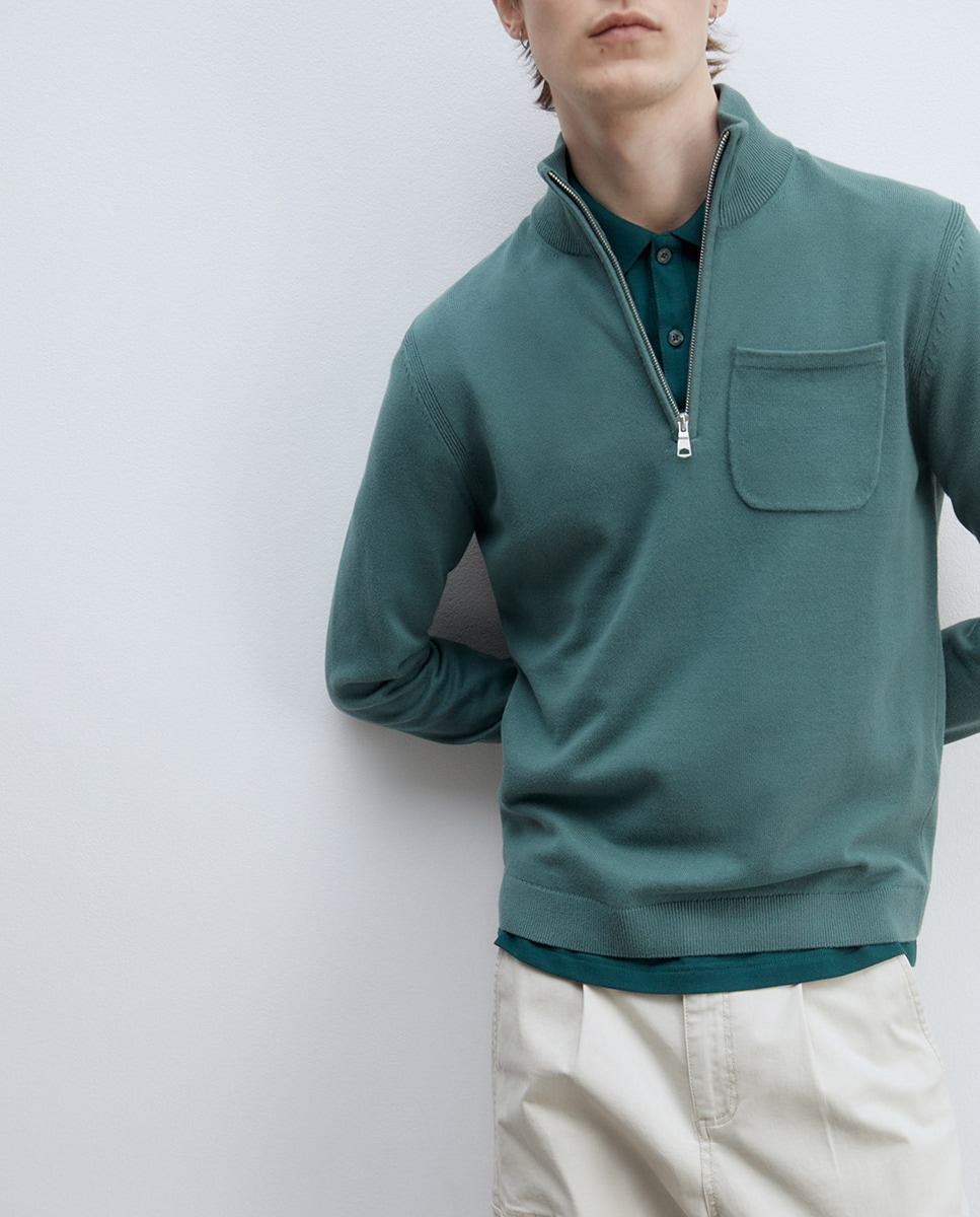 Camisola de Malha com Fecho de Correr Verde-1