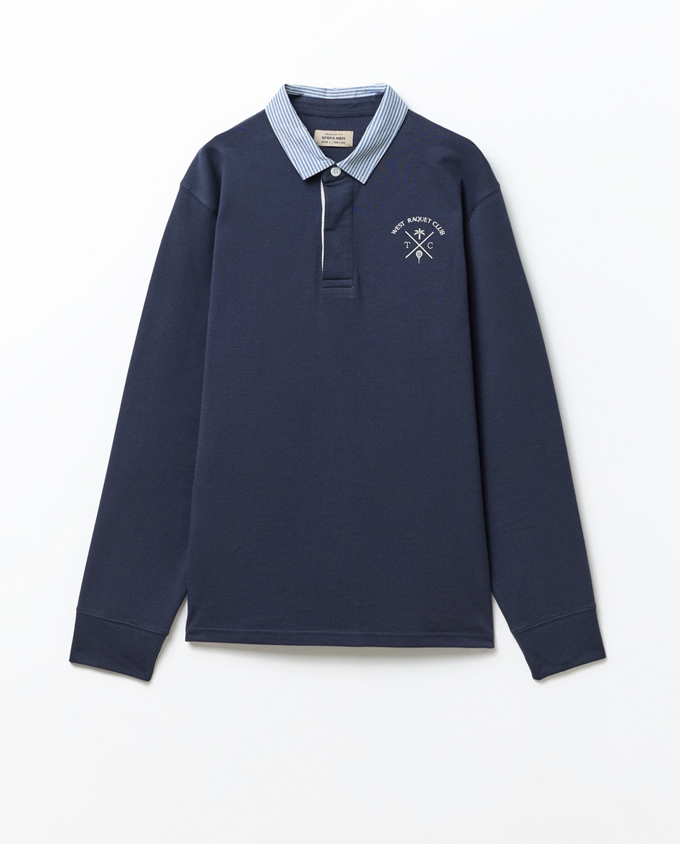Polo às Riscas com Colarinho Liso Azul-médio-4
