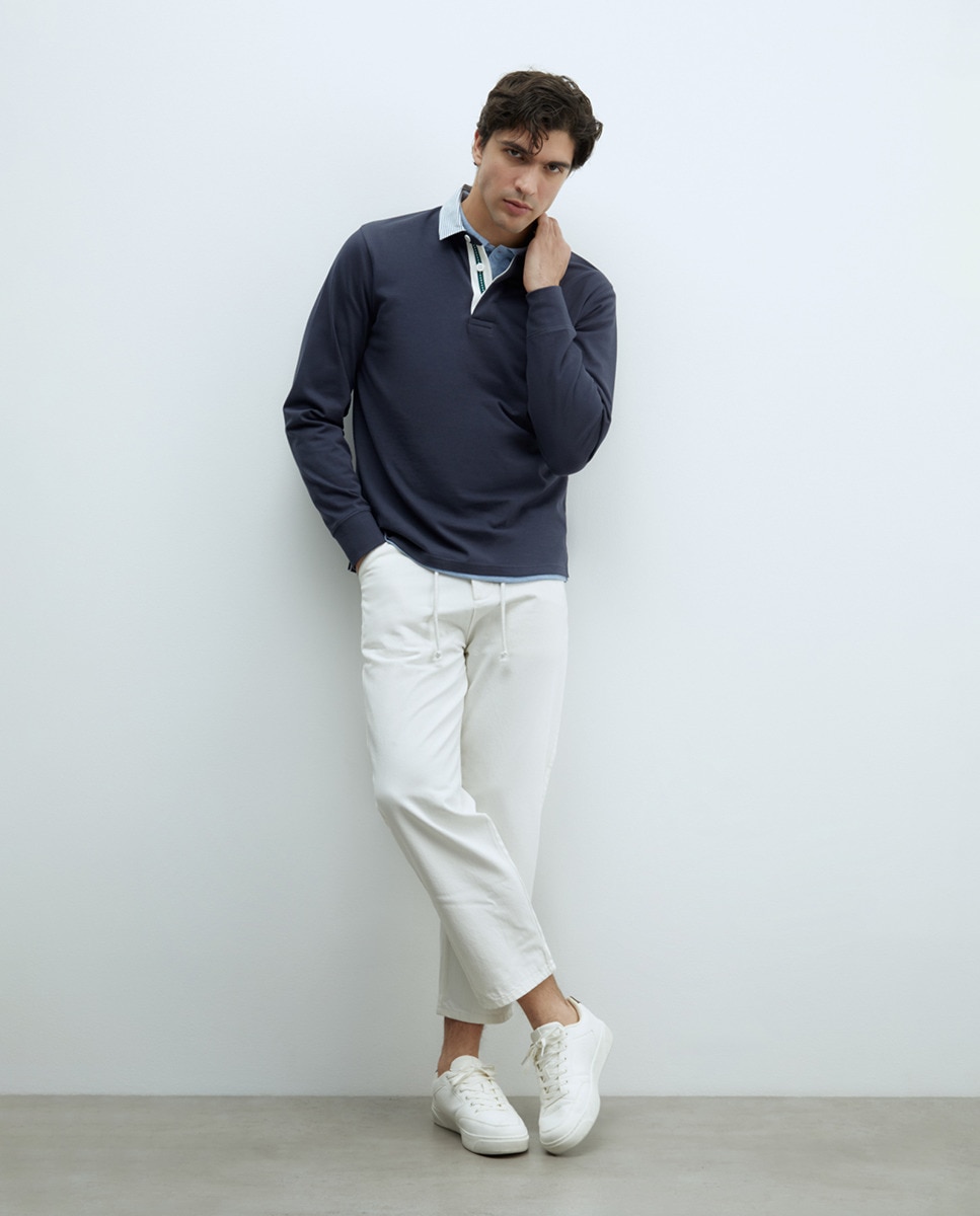 Polo às Riscas com Colarinho Liso Azul-médio-5