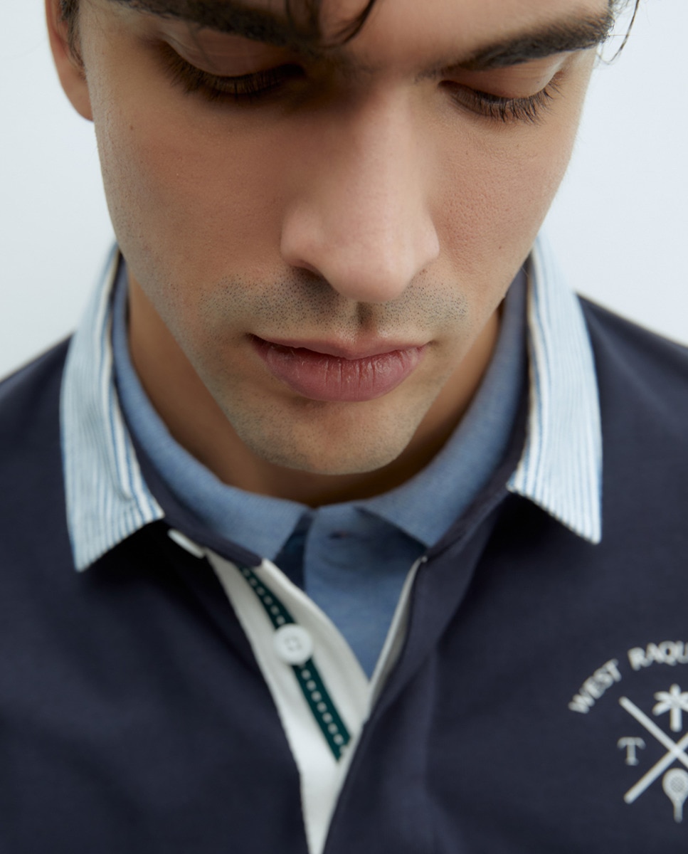 Polo às Riscas com Colarinho Liso Azul-médio-3