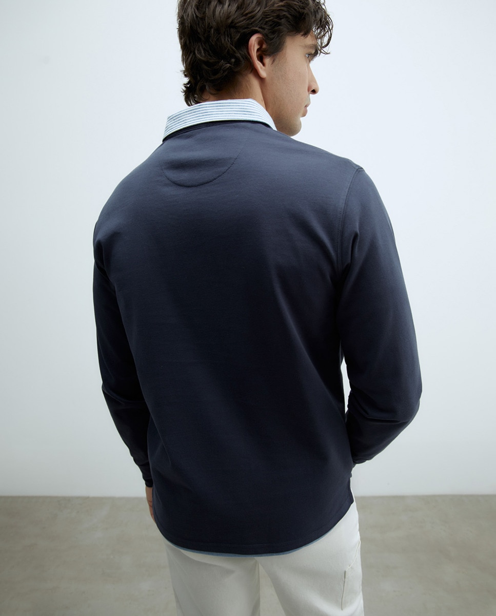 Polo às Riscas com Colarinho Liso Azul-médio-2