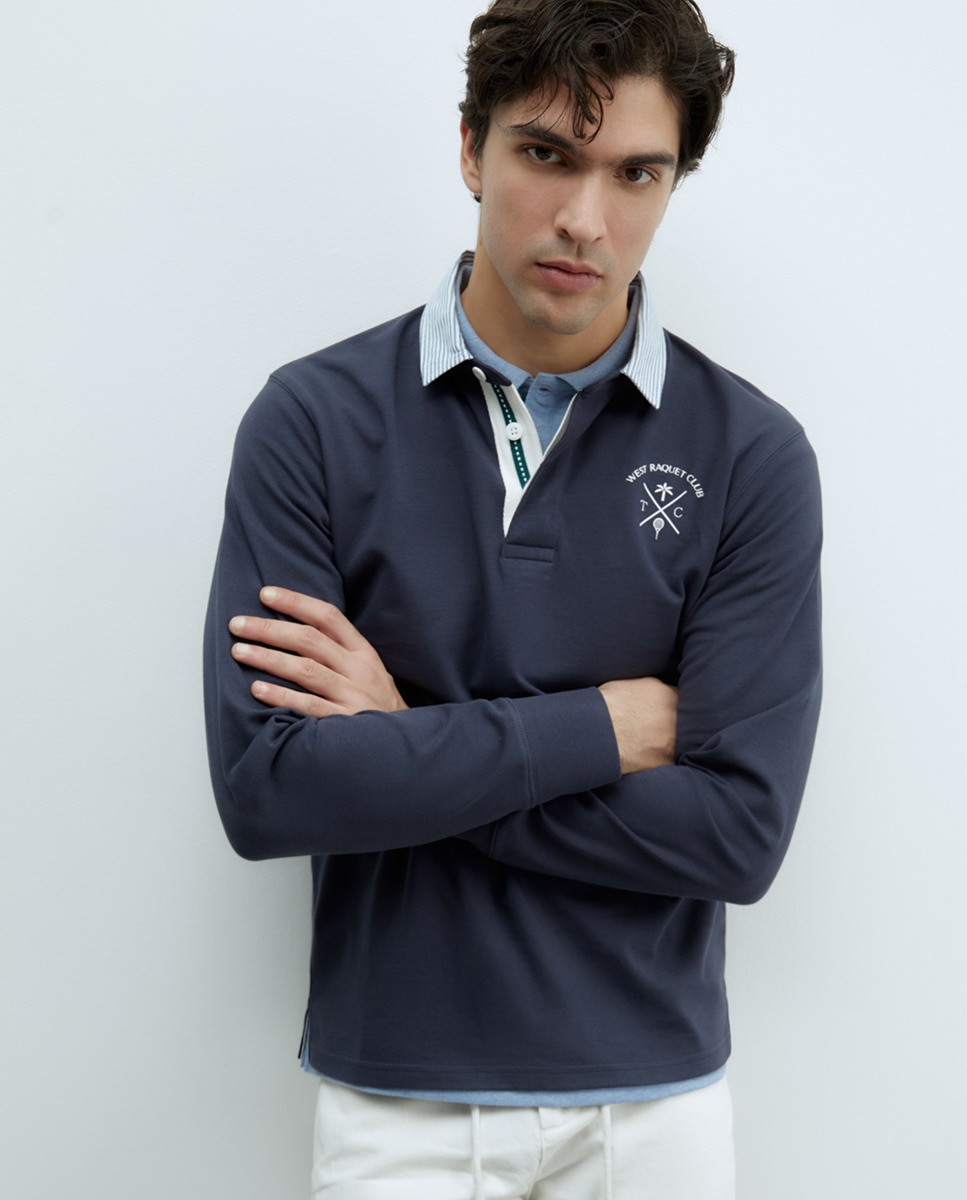 Polo às Riscas com Colarinho Liso Azul-médio-1