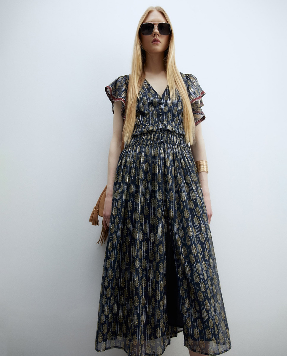 Vestido de Chiffon de Fio Metalizado Marinho-2