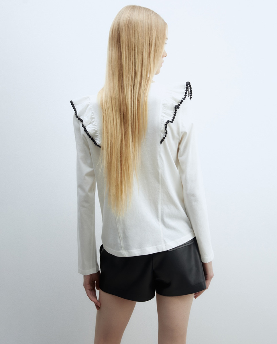 T-shirt com folhos Branco-2