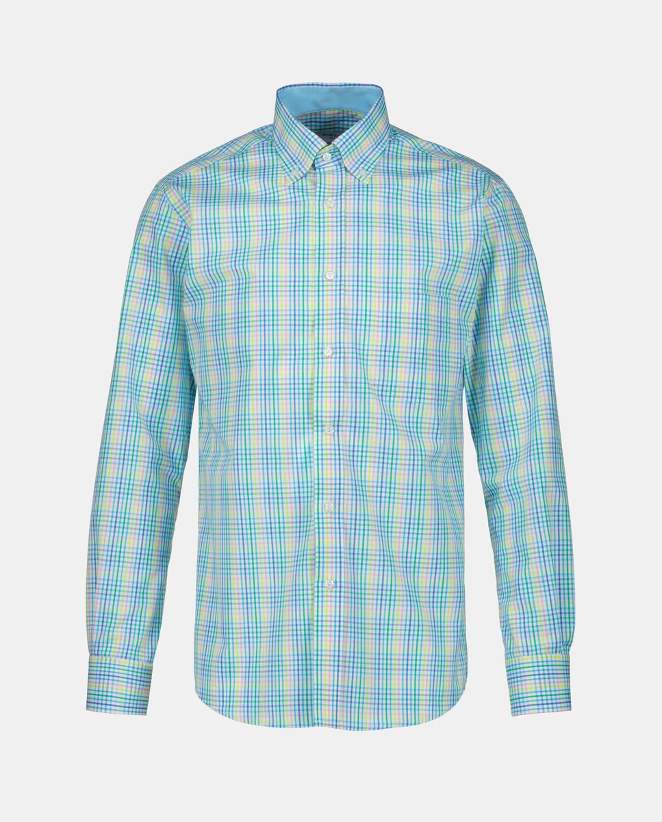 Camisa Casual de Manga Comprida e aos Quadrados Turquesa-4