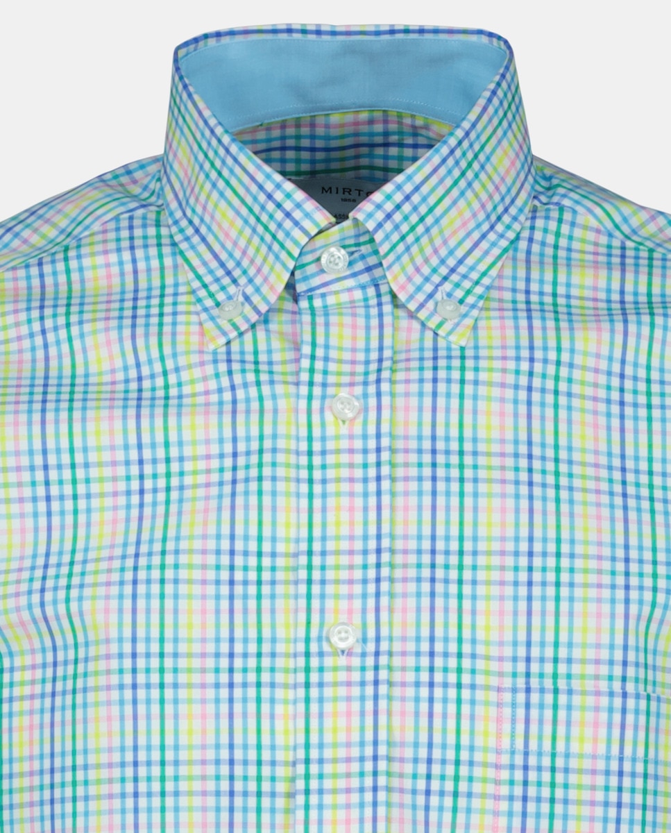 Camisa Casual de Manga Comprida e aos Quadrados Turquesa-5