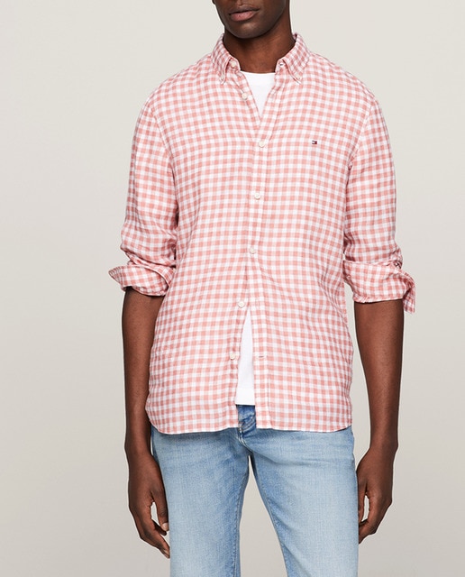 Imagen 0 de Camisa de lino slim fit con estampado de cuadro gingham