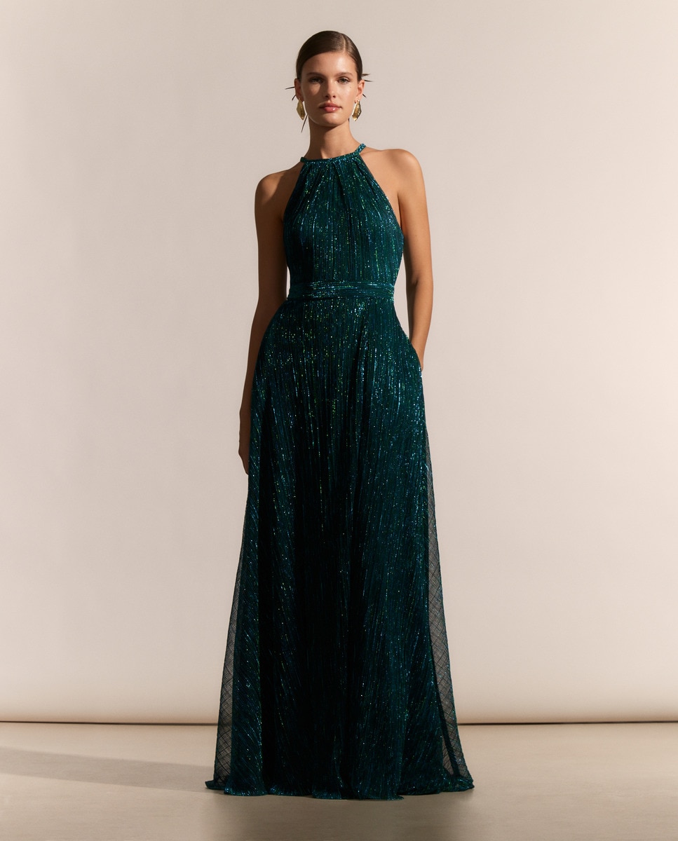Vestido Comprido de Malha de Fio Metalizado Verde-2