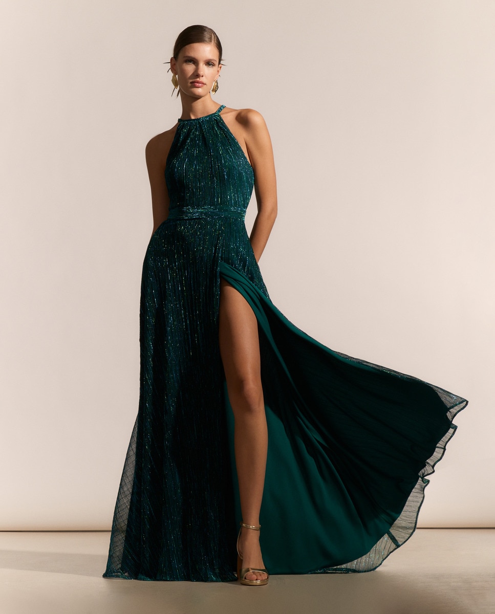 Vestido Comprido de Malha de Fio Metalizado Verde-1