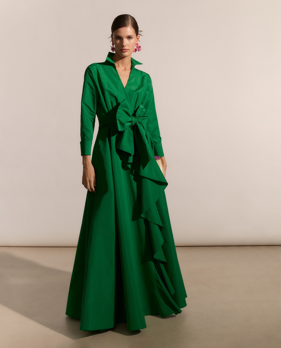 Vestido Camiseiro Comprido Liso com Manga 3/4 Verde-2