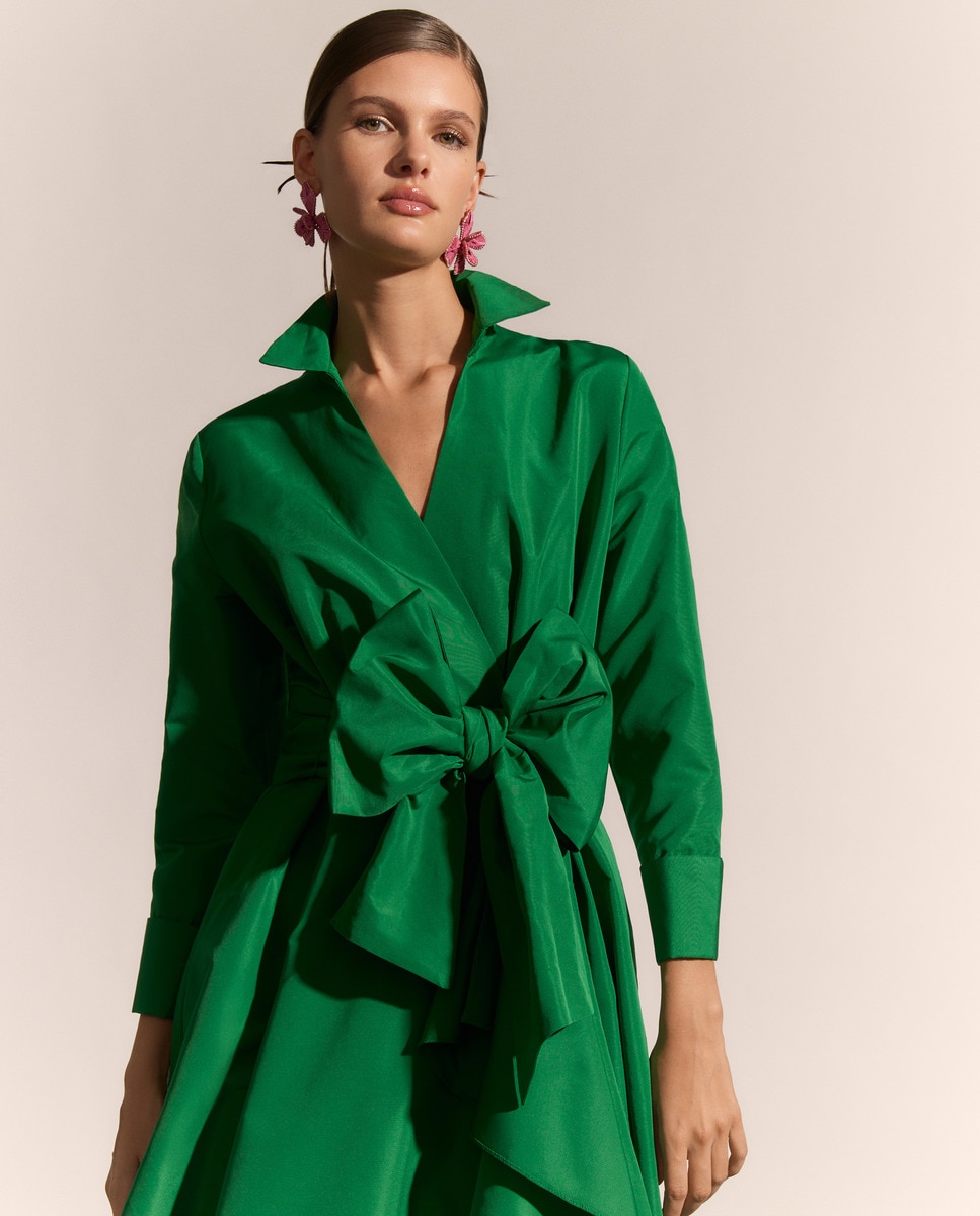 Vestido Camiseiro Comprido Liso com Manga 3/4 Verde-1