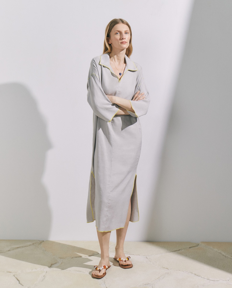 Kaftan de Linho com Pespontos em Contraste Cinzento-1