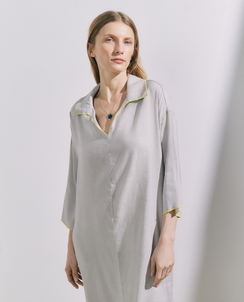 Kaftan de Linho com Pespontos em Contraste Cinzento-2