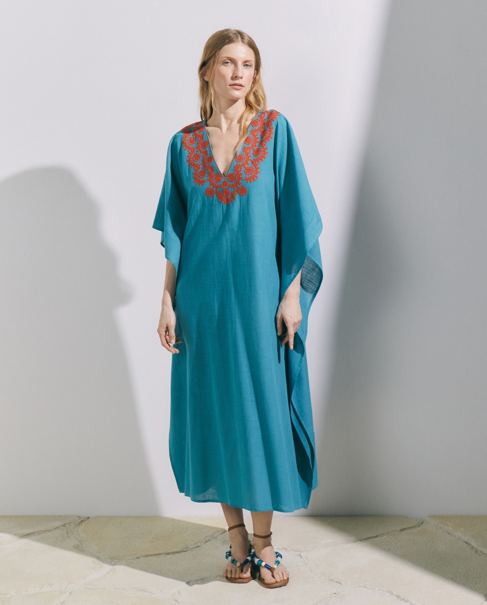 Kaftan com Bordado no Decote Turquesa-2