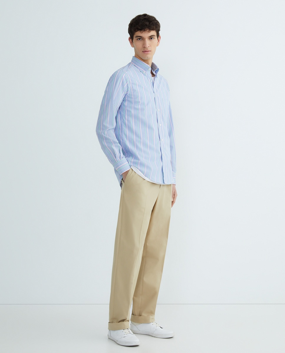 Camisa Casual às Riscas com Manga Comprida Azul-claro-2