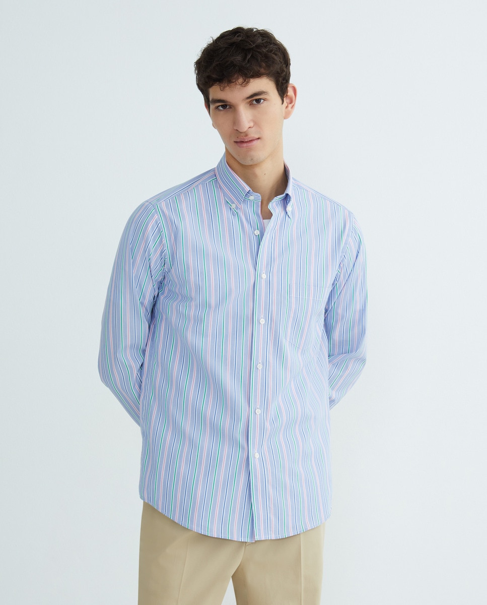 Camisa Casual às Riscas com Manga Comprida Azul-claro-3