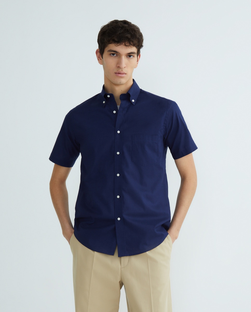 Camisa Casual Lisa com Manga Curta Azul-marinho-1