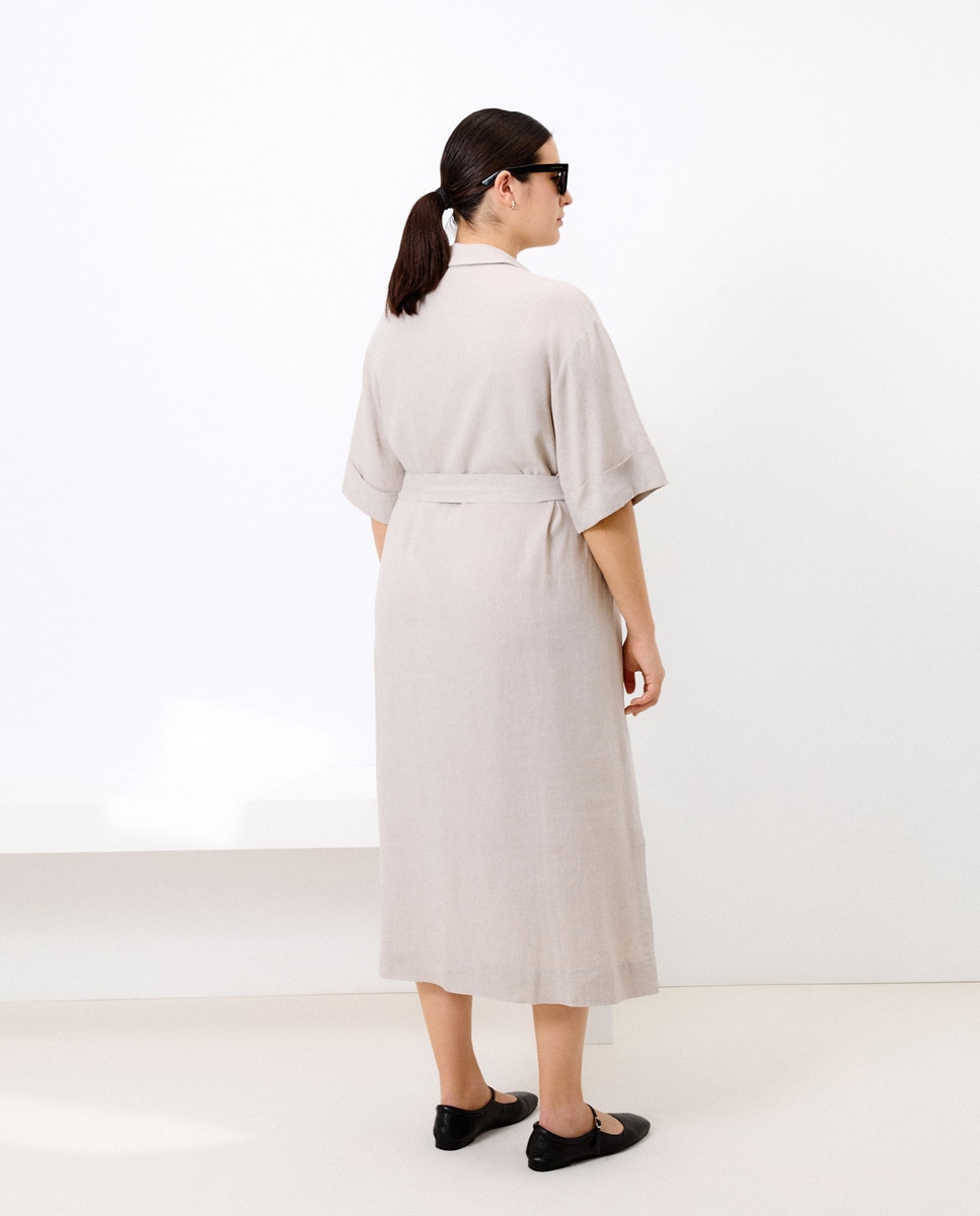 Vestido Camiseiro com Mistura de Linho e Cinto Bege-4