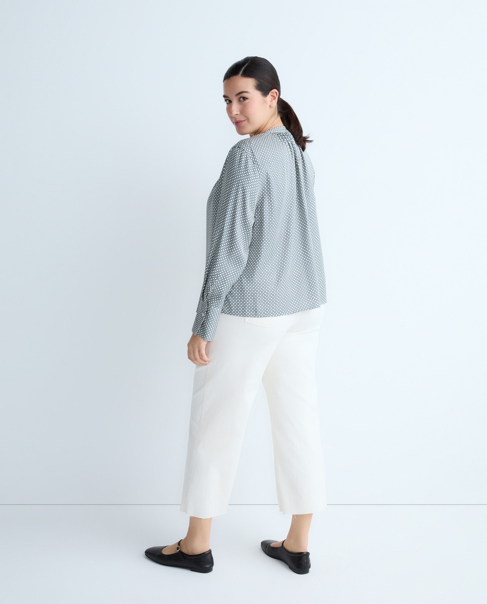 Blusa de Manga Comprida Fluida com Decote em Bico Azul-3