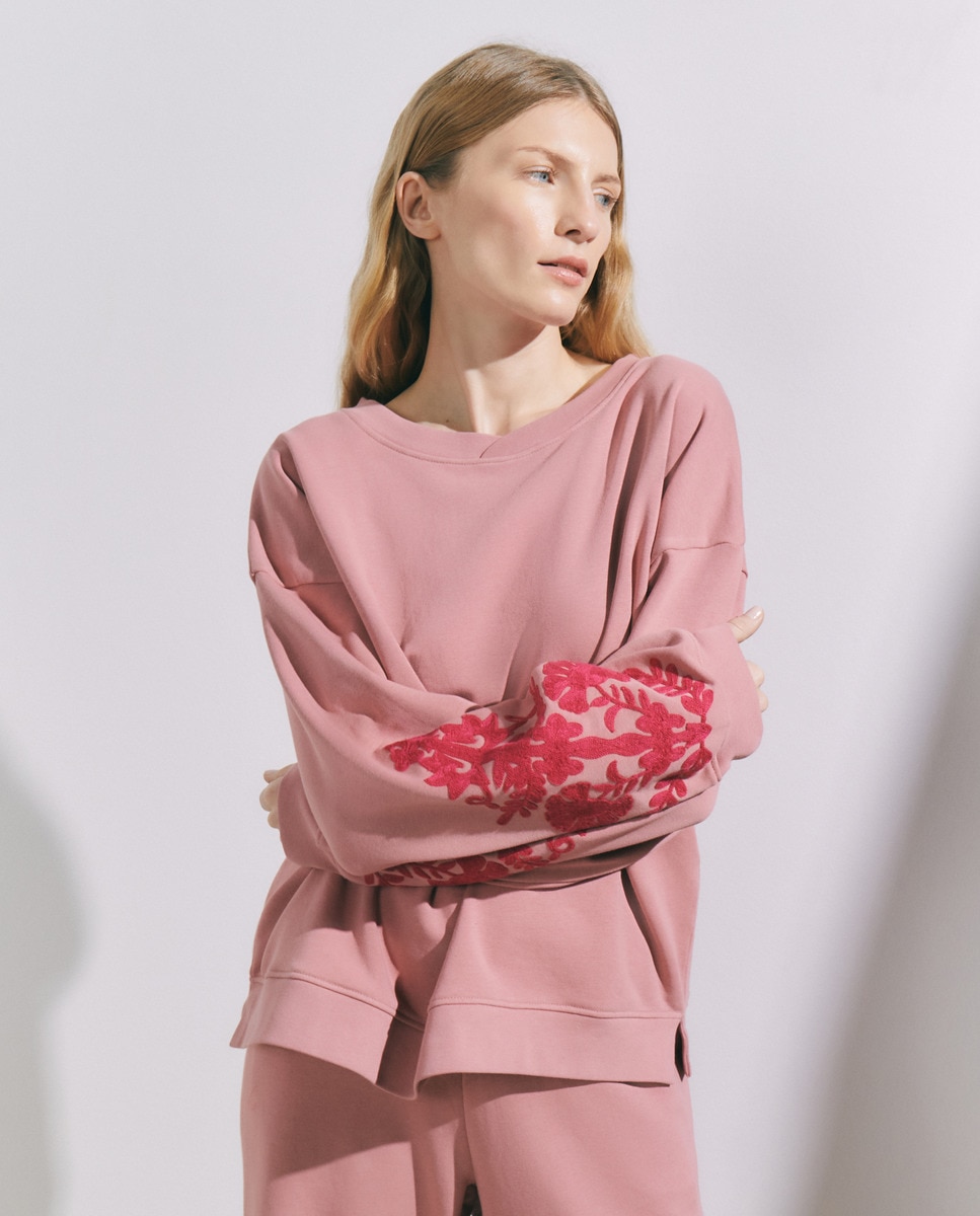 Sweatshirt com Mangas Bordadas Rosa-1