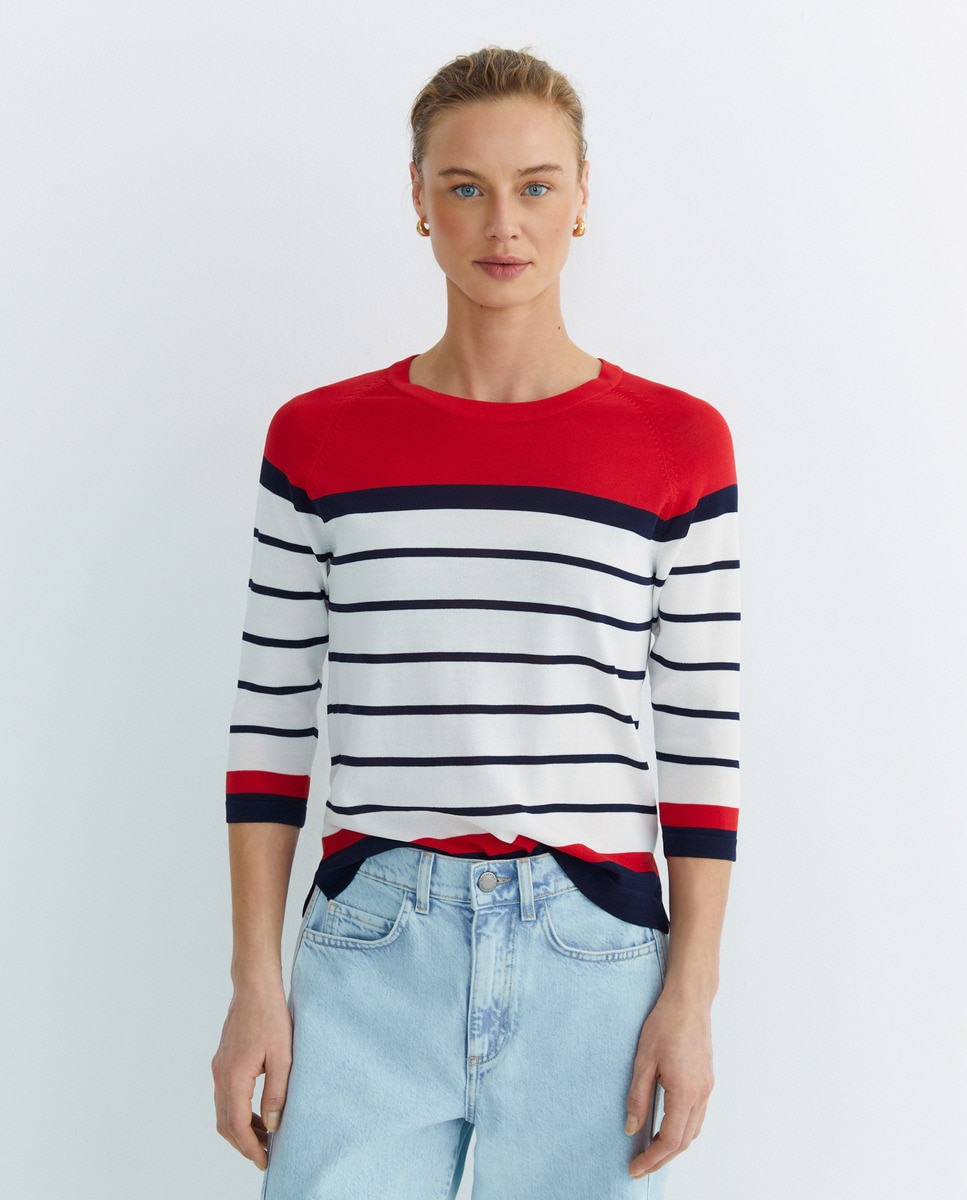Camisola de Malha com Risca e Manga Comprida Vermelho-1