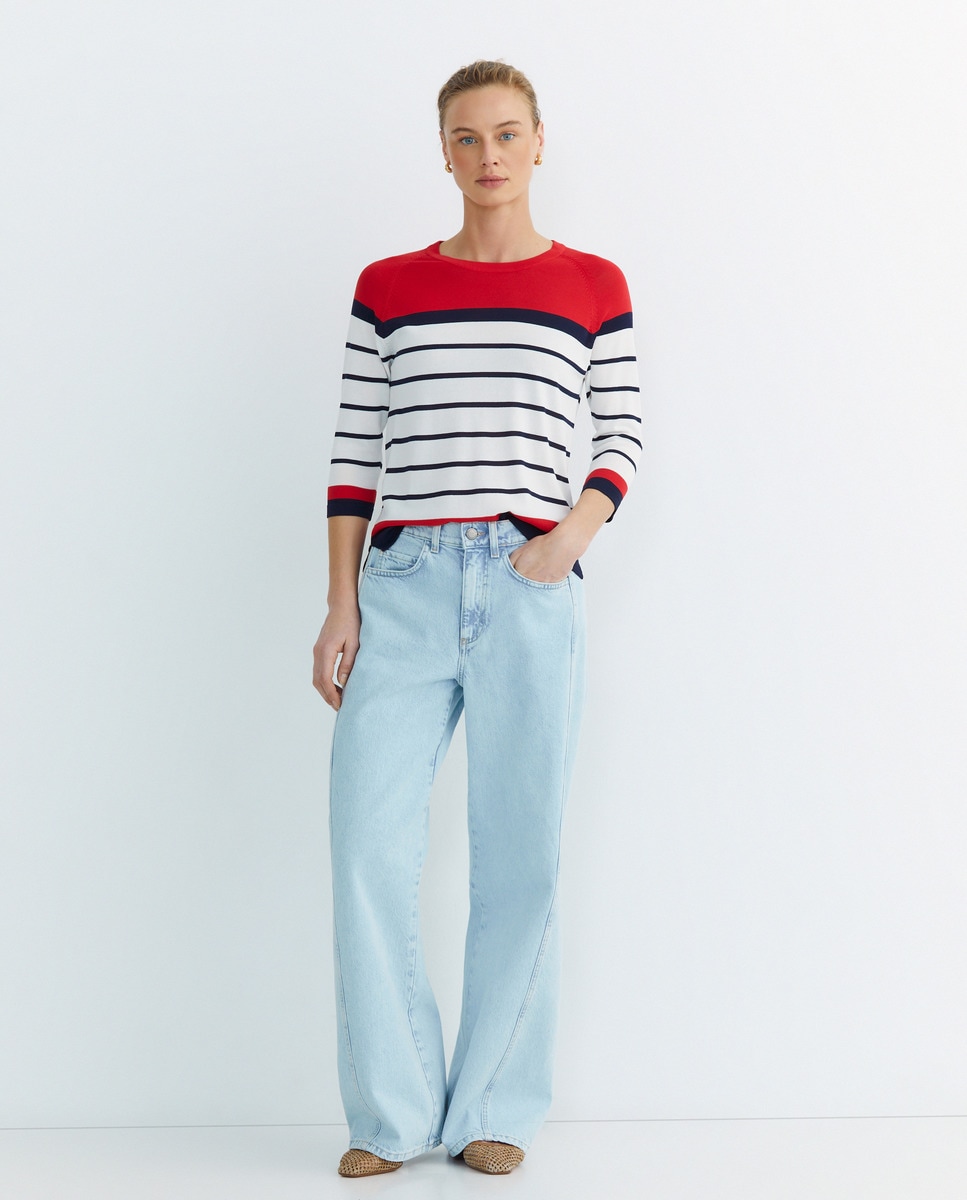 Camisola de Malha com Risca e Manga Comprida Vermelho-2