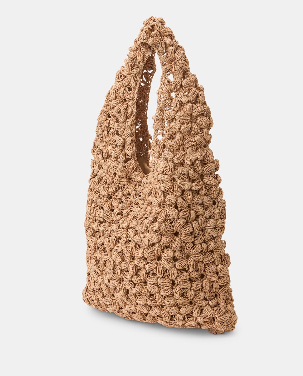 Mala de Ombro Handmade com Crochet Floral Bege-2