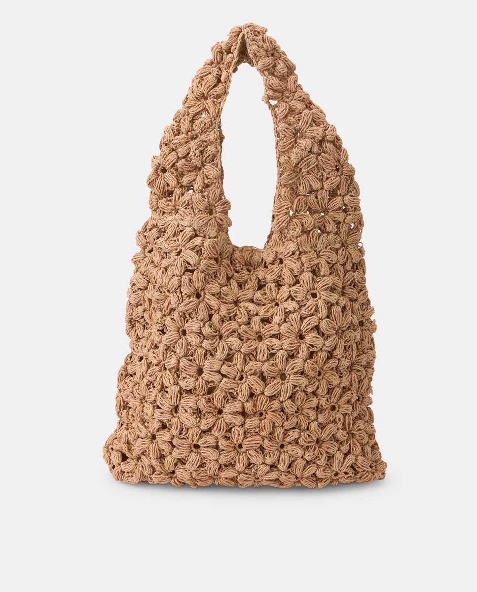 Mala de Ombro Handmade com Crochet Floral Bege-1