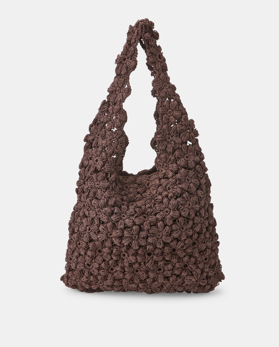 Mala de Ombro Handmade com Crochet Floral Castanho-1