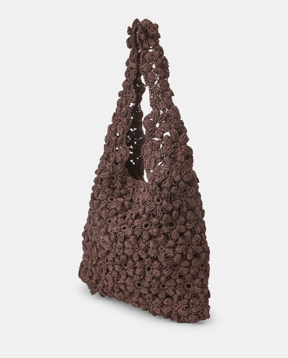 Mala de Ombro Handmade com Crochet Floral Castanho-2