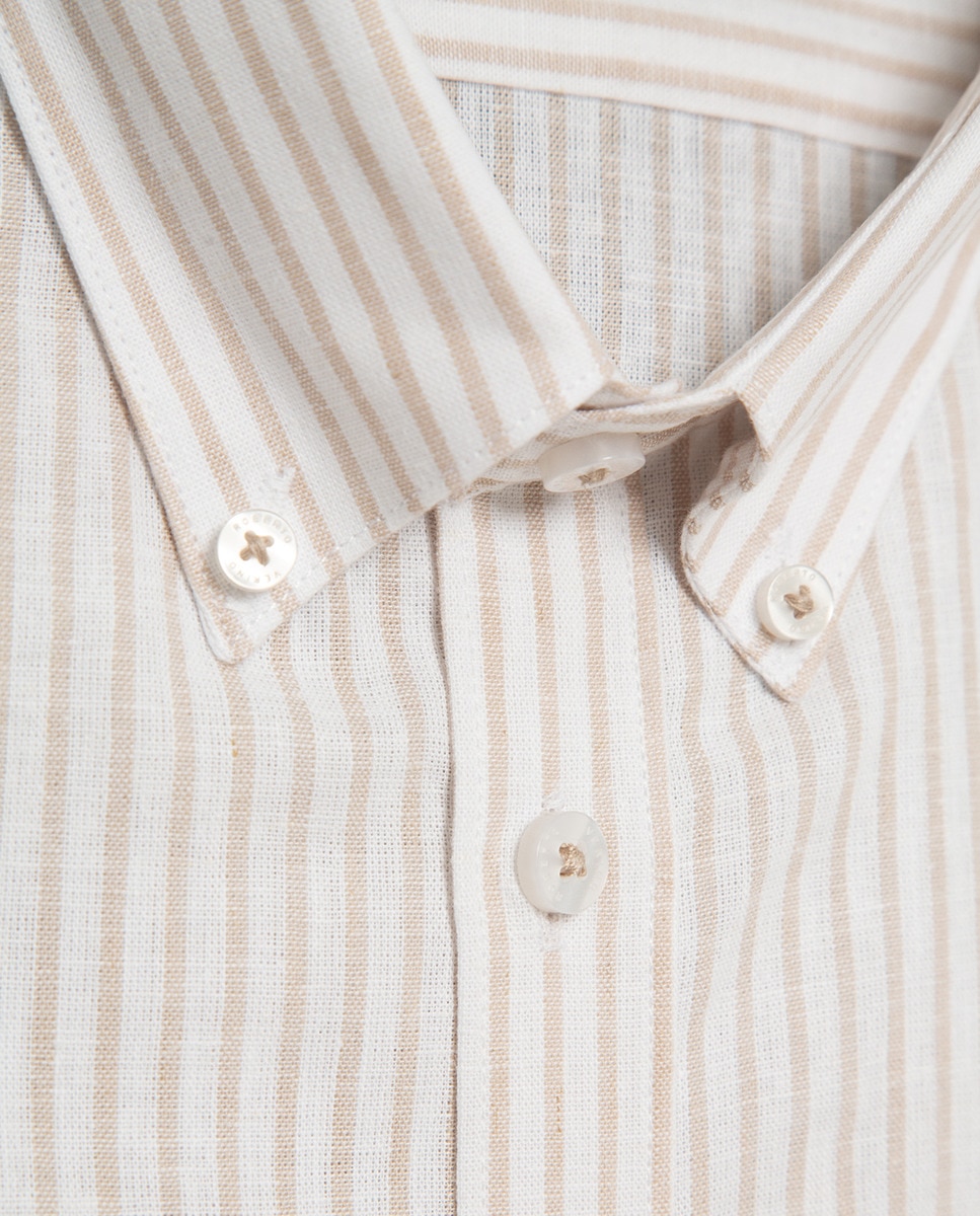 Camisa Casual de Linho Regular Fit às Riscas Bege-5