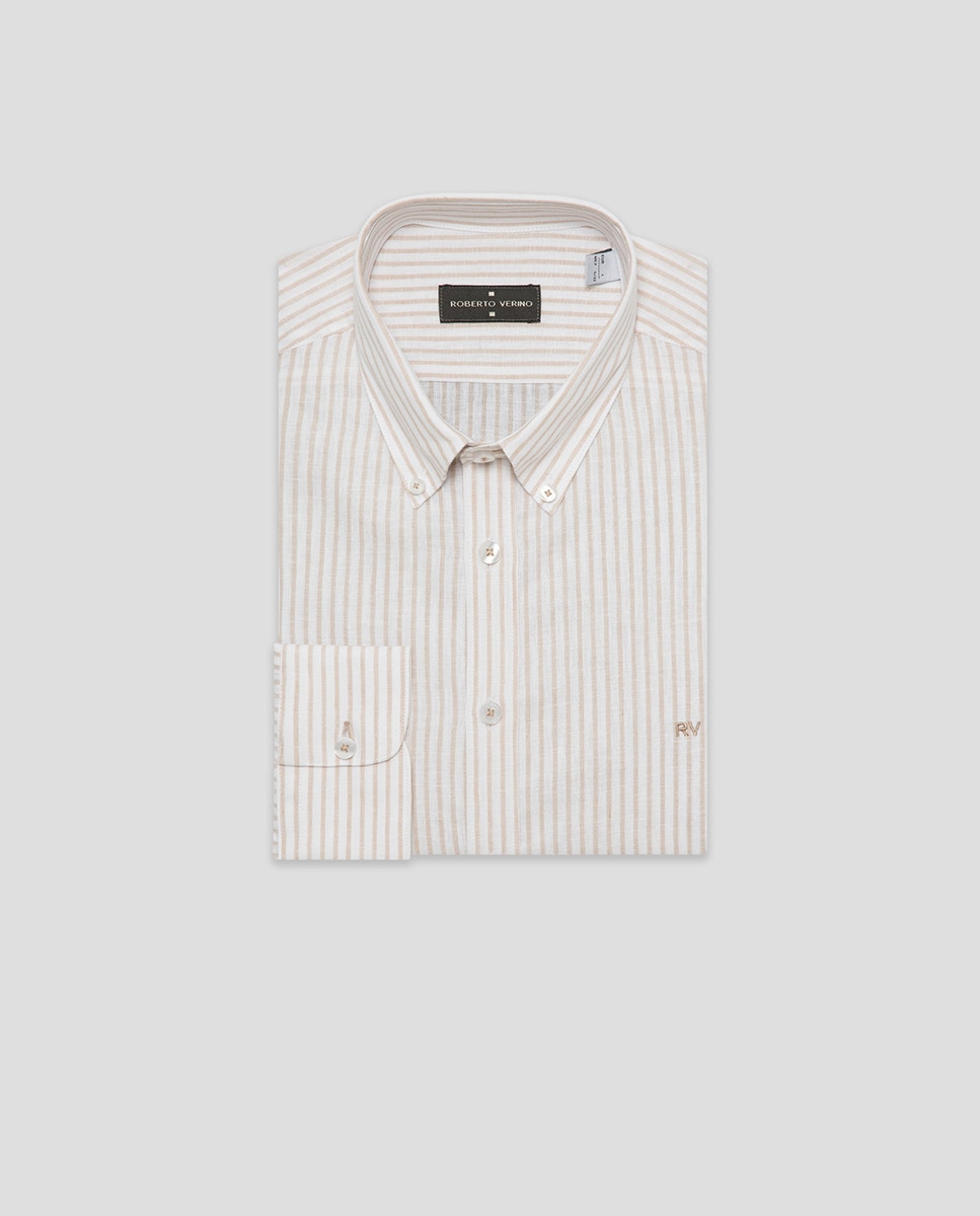 Camisa Casual de Linho Regular Fit às Riscas Bege-4