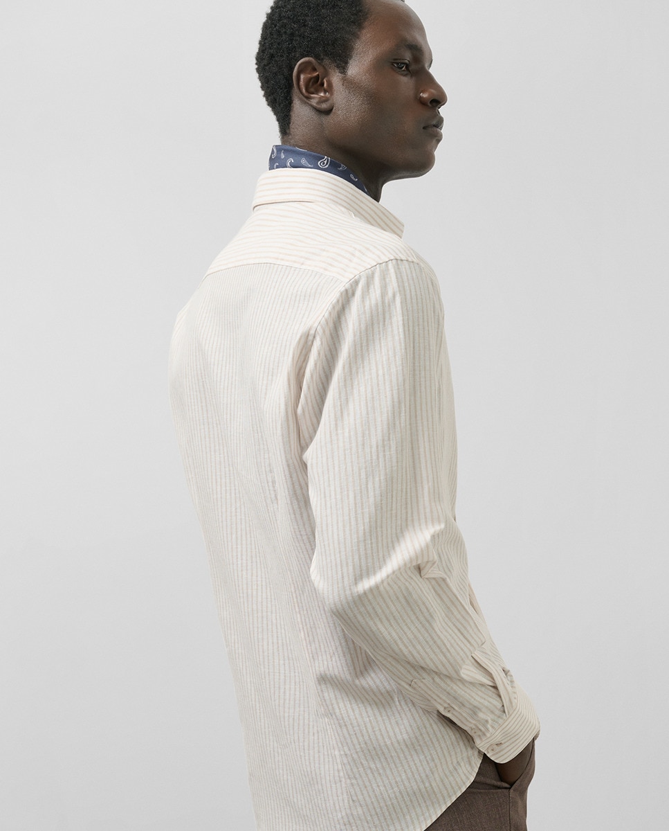 Camisa Casual de Linho Regular Fit às Riscas Bege-2
