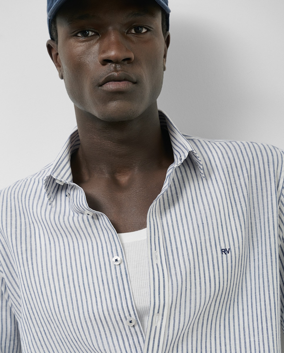 Camisa Casual de Linho Regular Fit às Riscas Azul-índigo-3