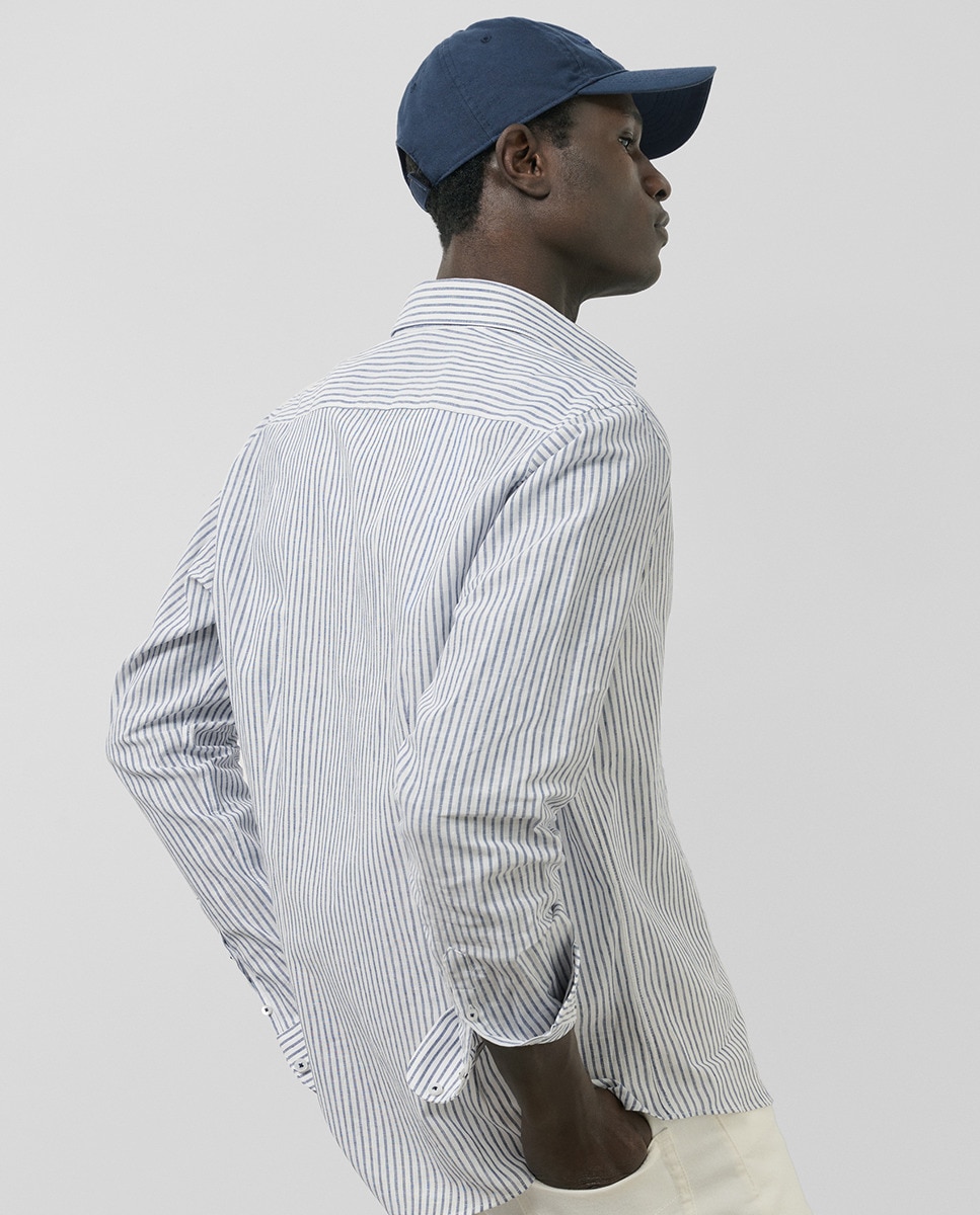 Camisa Casual de Linho Regular Fit às Riscas Azul-índigo-2