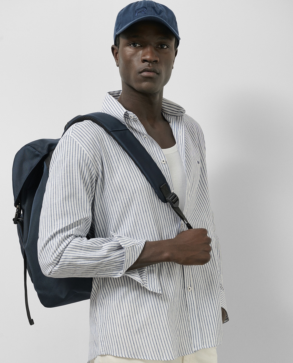Camisa Casual de Linho Regular Fit às Riscas Azul-índigo-1