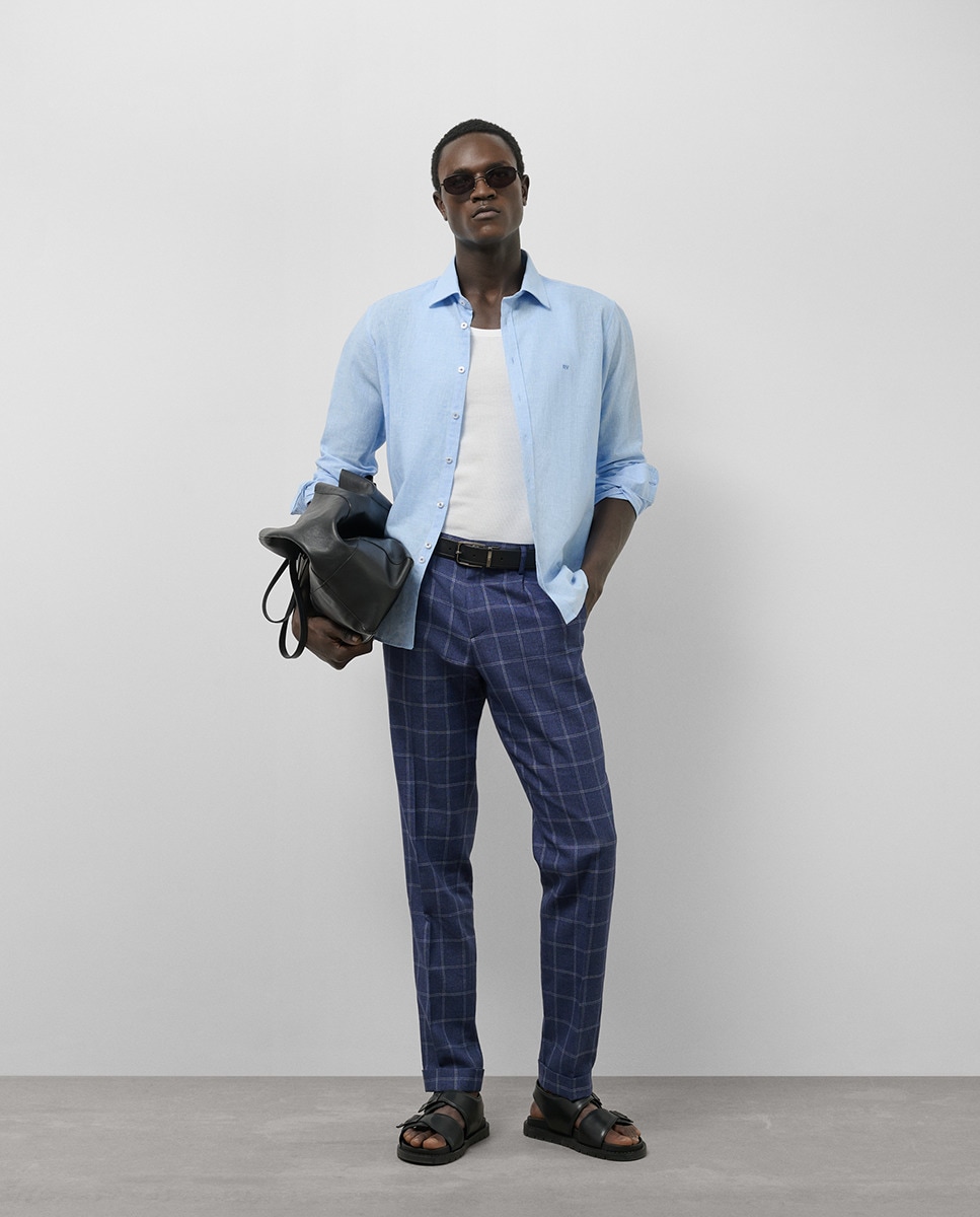 Camisa Casual Slim Fit com Pied-de-Poule Azul-claro-6