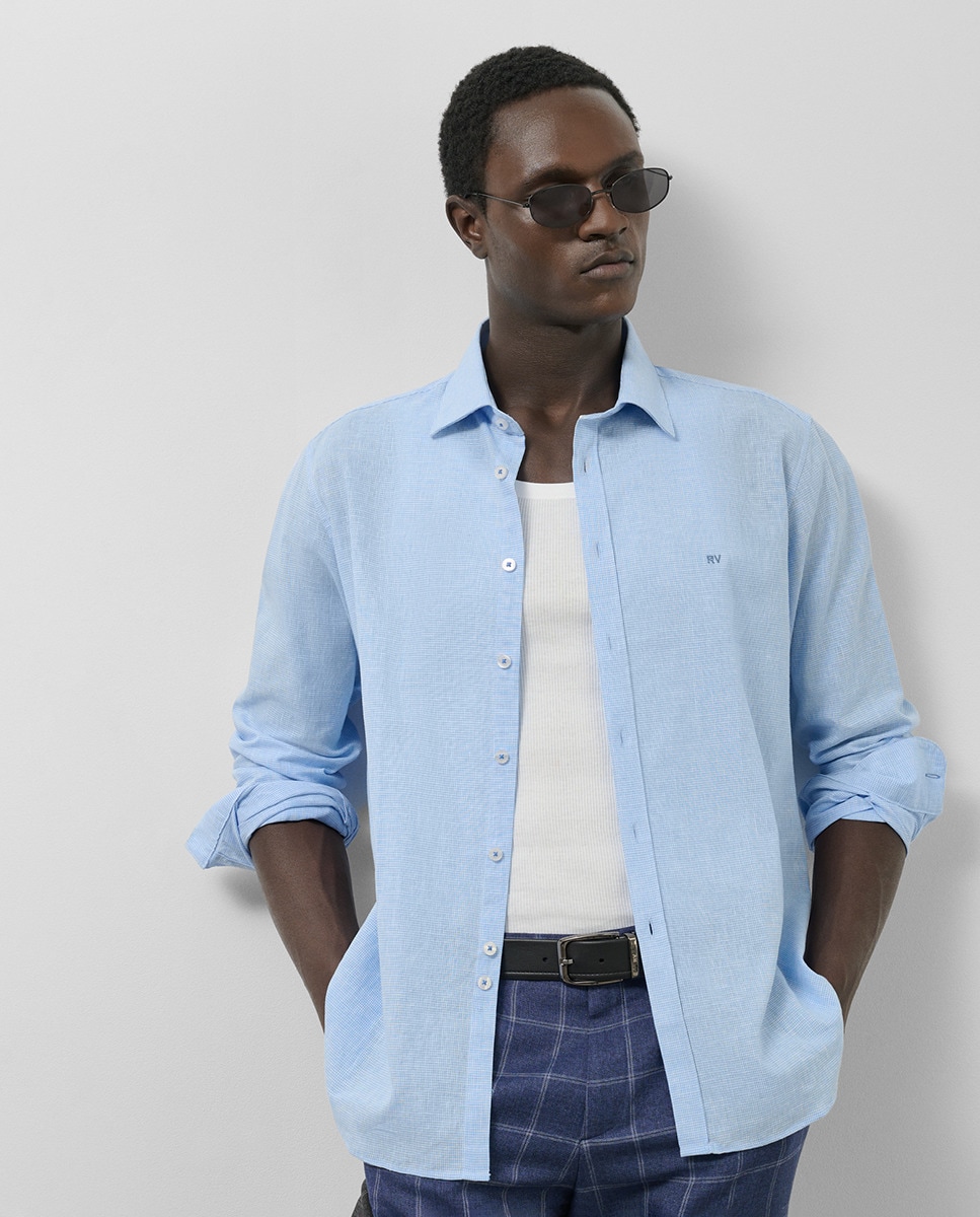 Camisa Casual Slim Fit com Pied-de-Poule Azul-claro-1