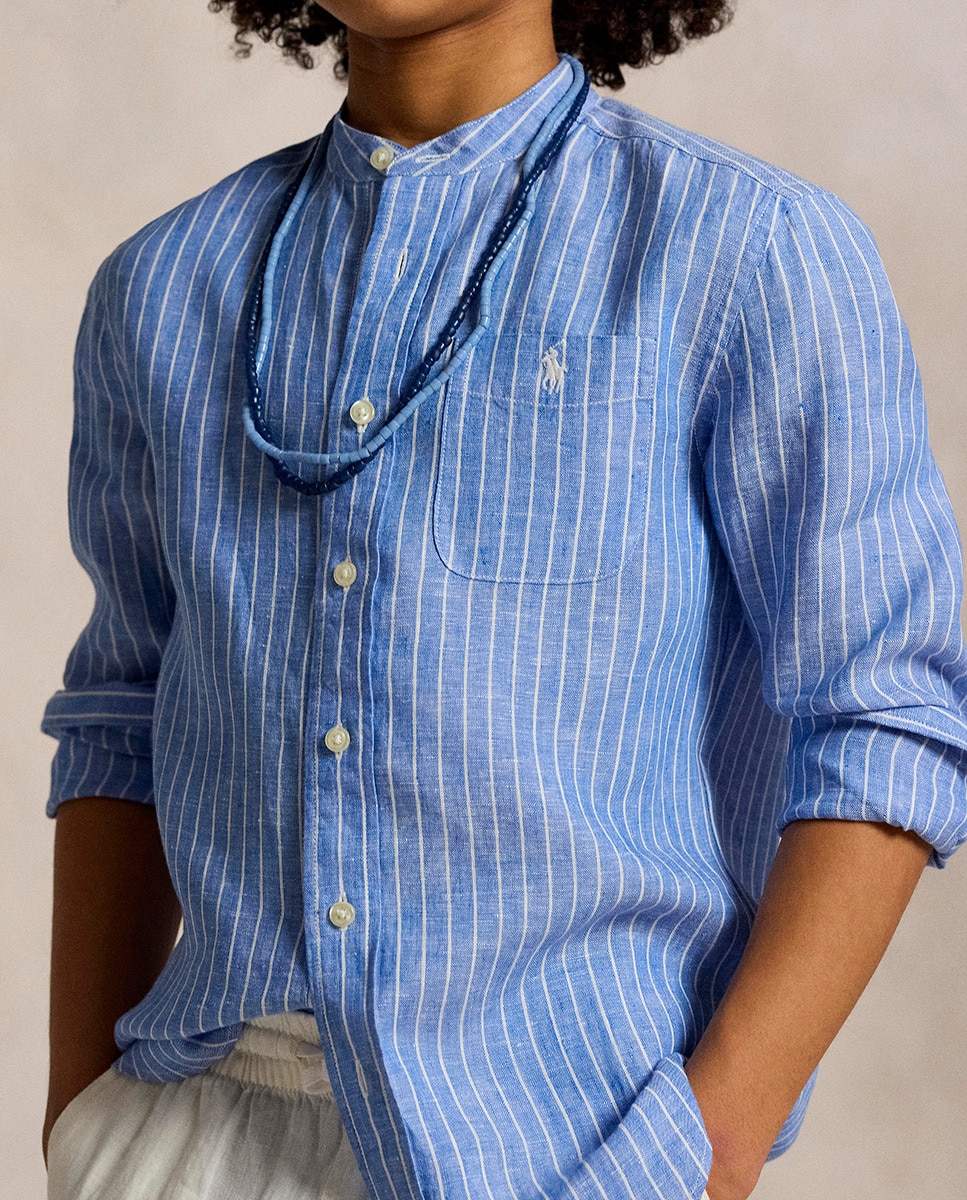 Camisa de Linho com Manga Comprida Azul-3
