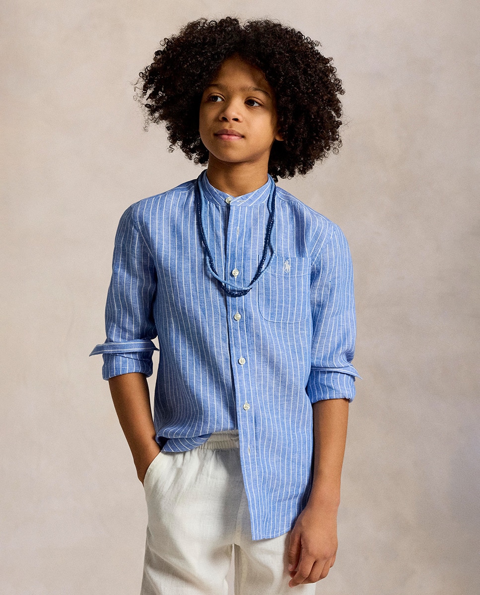 Camisa de Linho com Manga Comprida Azul-1
