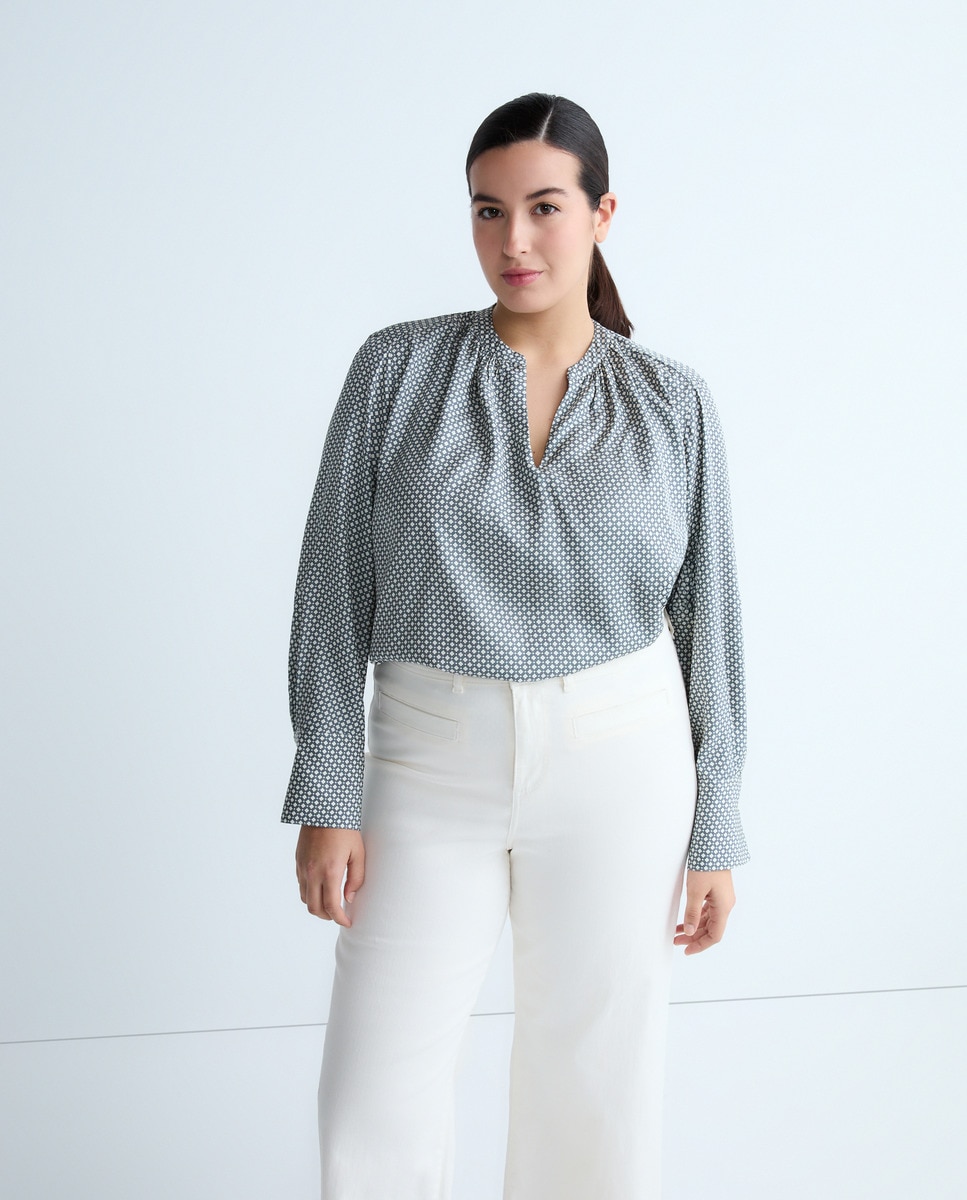 Blusa de Manga Comprida Fluida com Decote em Bico Azul-2