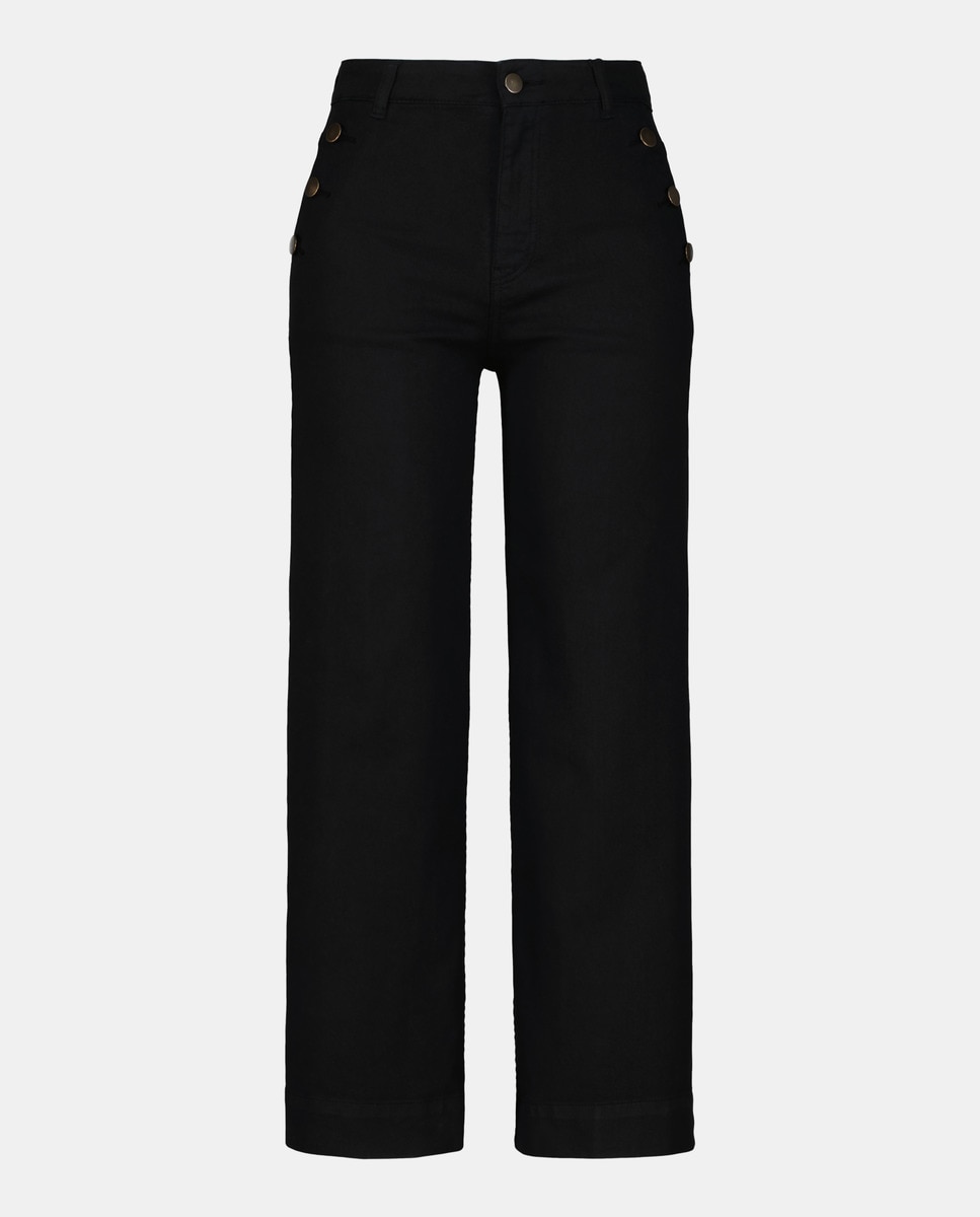 Jeans Cropped Wide Leg com Botões Preto-4