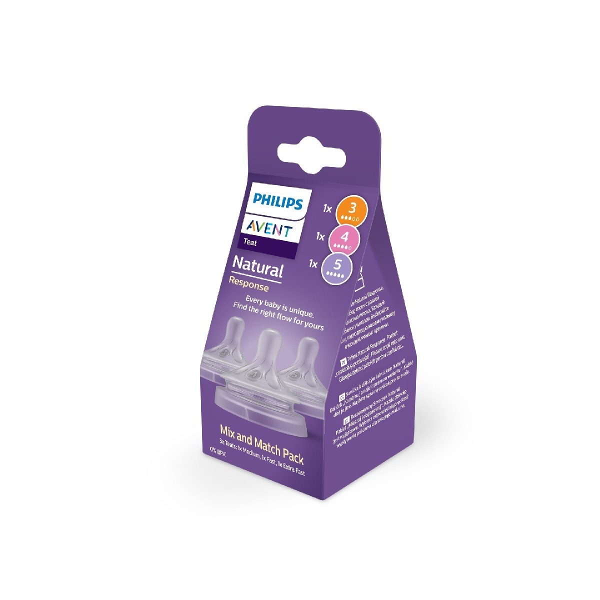 Pack de 3 Tetinas de Diferentes Fluxos Avent Natural Response, Fluxo 3 Médio, 4 Rápido e 5 Muito Rápido Branco-3