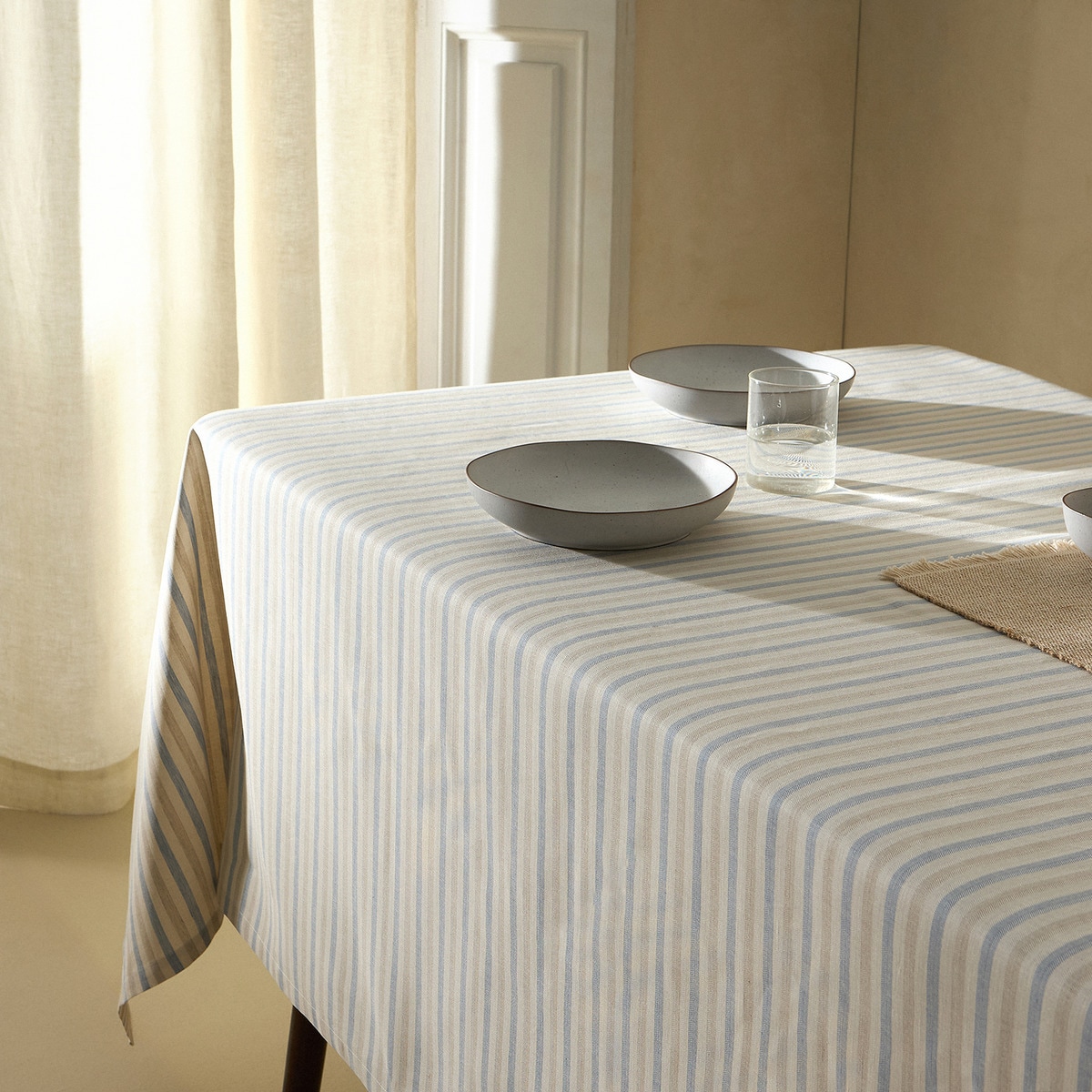 Toalha de Mesa de Algodão e Linho às Riscas Azul-1