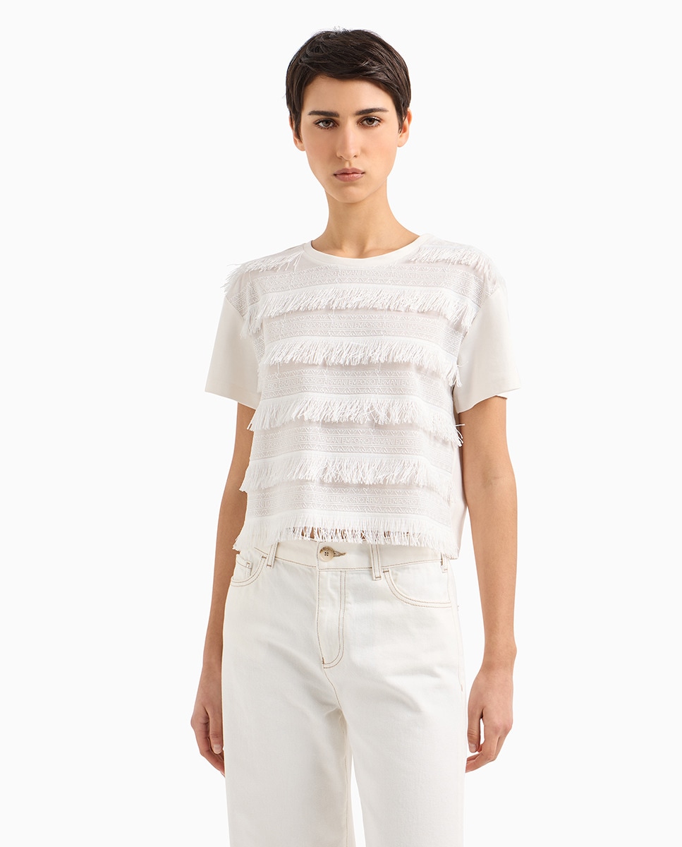 T-shirt de Manga Curta com Apliques em Franjas Branco-gelo-1