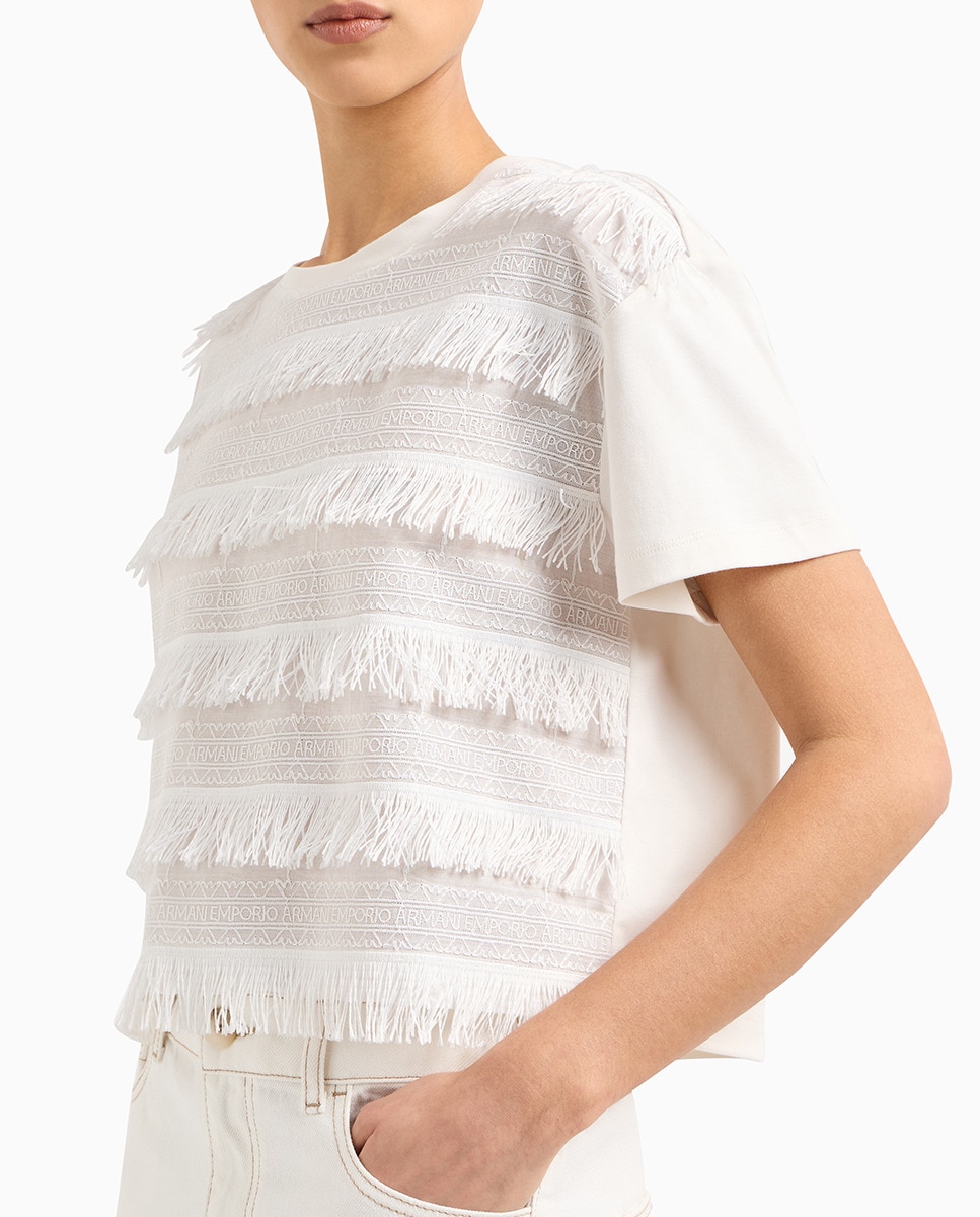T-shirt de Manga Curta com Apliques em Franjas Branco-gelo-3