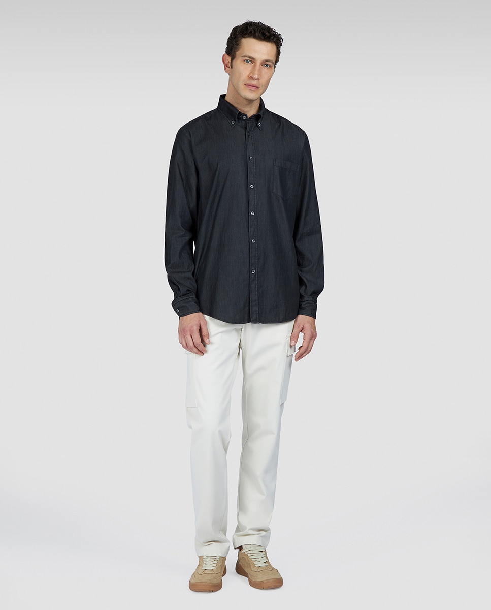 Camisa de Manga Comprida com Bolso no Peito Preto-6