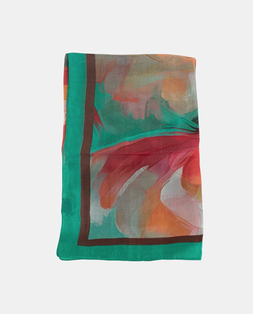 Lenço Quadrado de Seda com Estampado Floral Verde Água-1