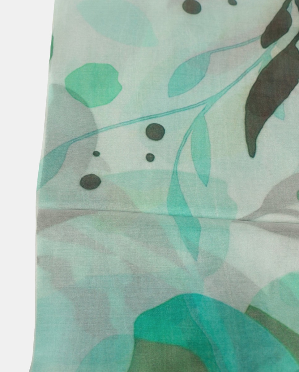 Lenço Quadrado de Seda com Estampado Floral Turquesa-2